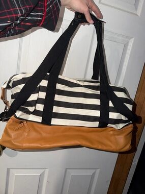 Striped Canvas & Tan Leather Weekend Duffel - Black & Cream